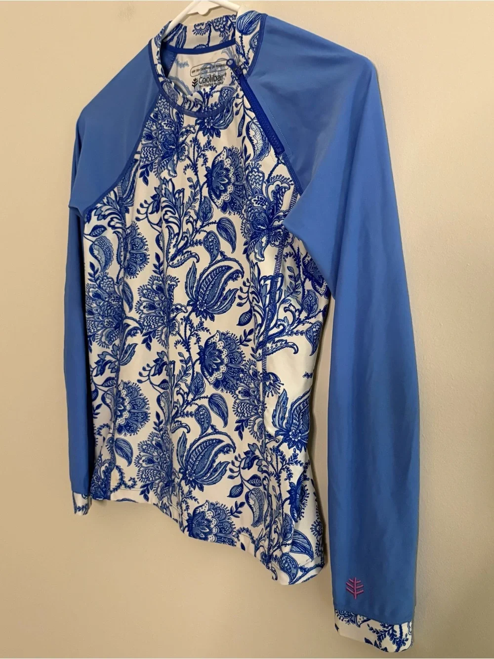 Coolibar Youth Zippy Rash Guard L Blue White Floral Sun Shirt UPF 50+ Fairy